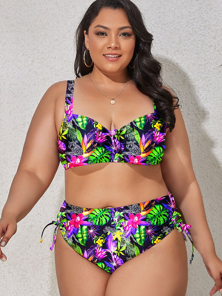 Sunset and Swim Plus Size Printed Drawstring Detail Bikini Set