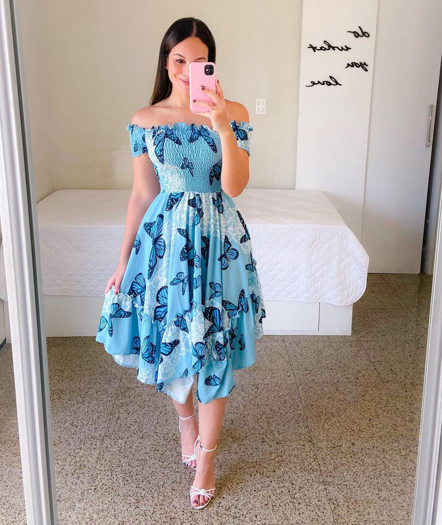 Off Shoulder Floral Ruffle Short Sleeve Midi Dress