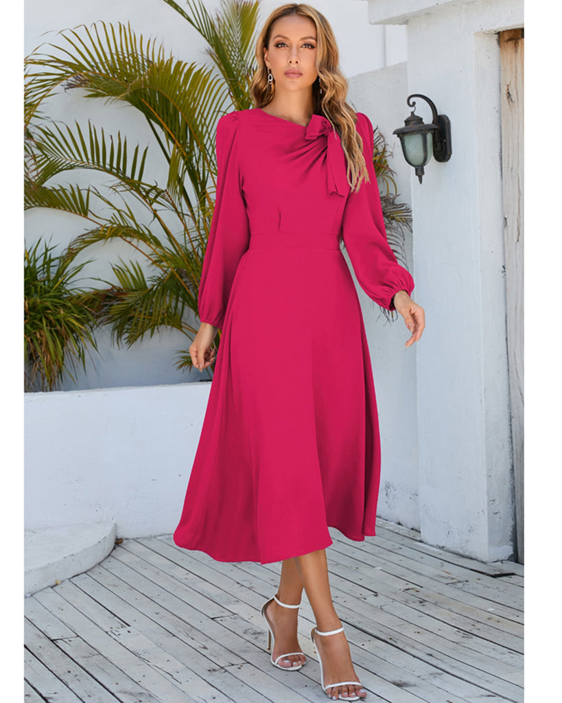 Crew Neck Puff Sleeve Tie Up Midi Dress