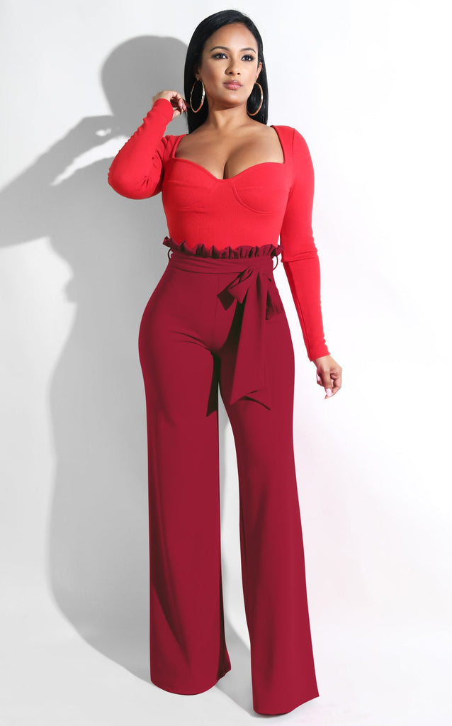 High Waist Ruffle Lace Up Wide Leg Pants