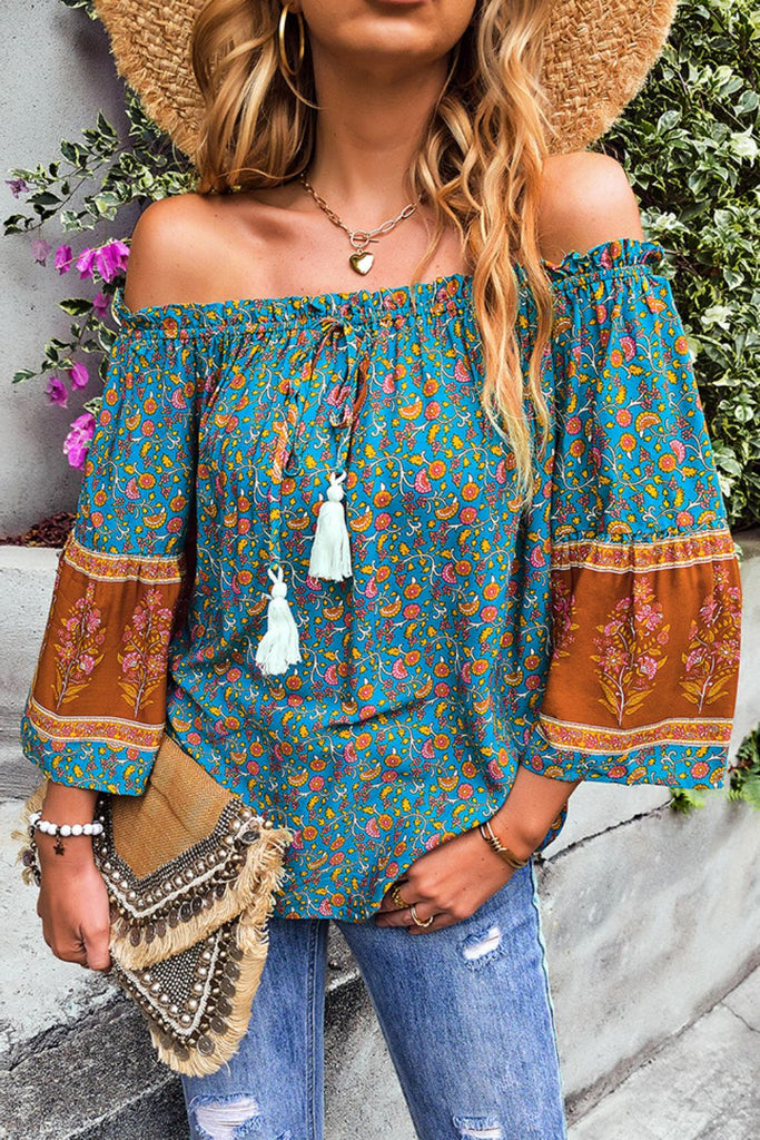 Boho Bohemian Tassel Tie Frill Trim Off-Shoulder Blouse