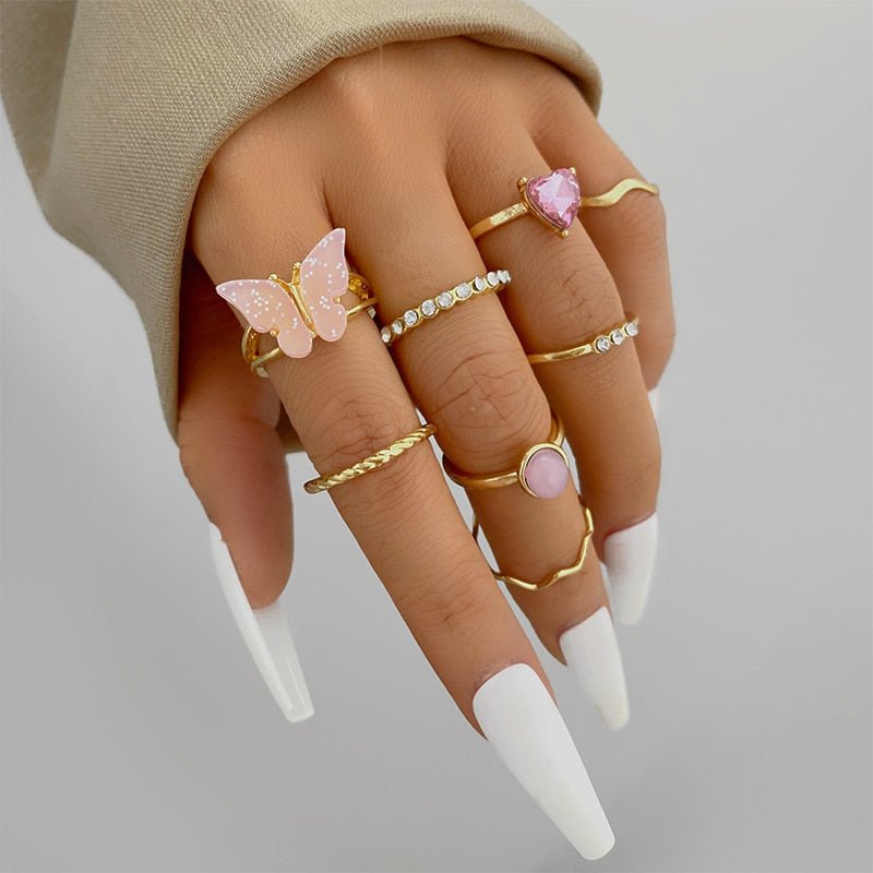 Boho Sensation Pink Butterfly Heart Wave Ring Set