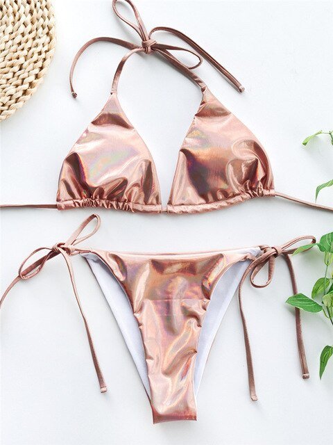 Champagne Deluxe Metallic Triangle Bikini Set