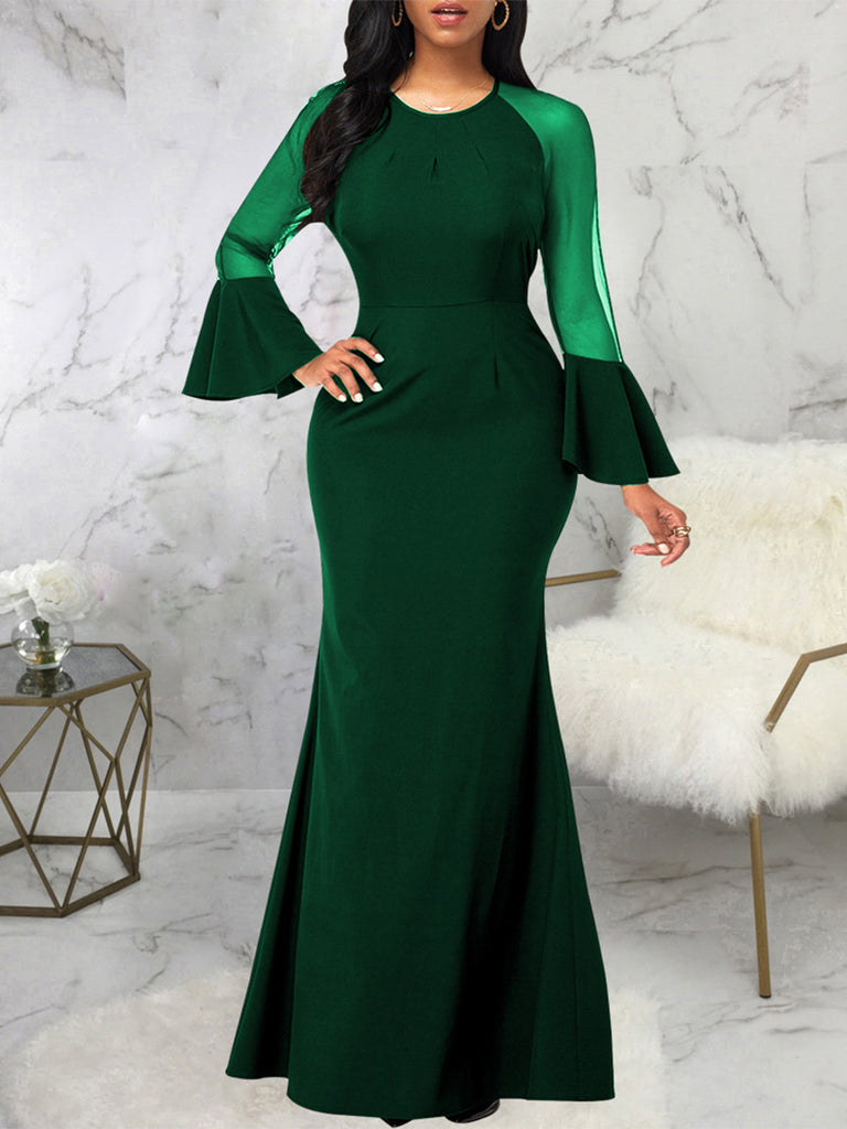 Mesh Fishtail Long Sleeve Formal Maxi Dress