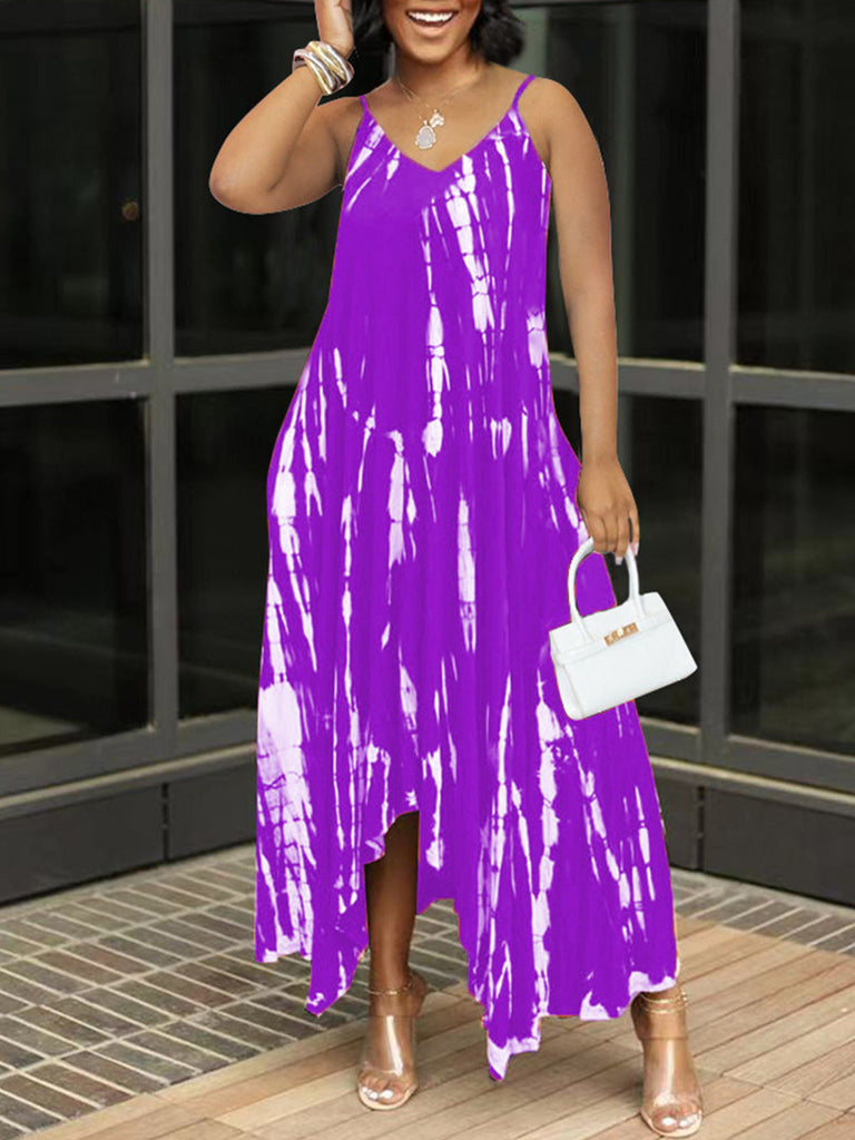 Tie Dye Asymmetrical Spaghetti Strap Maxi Dress