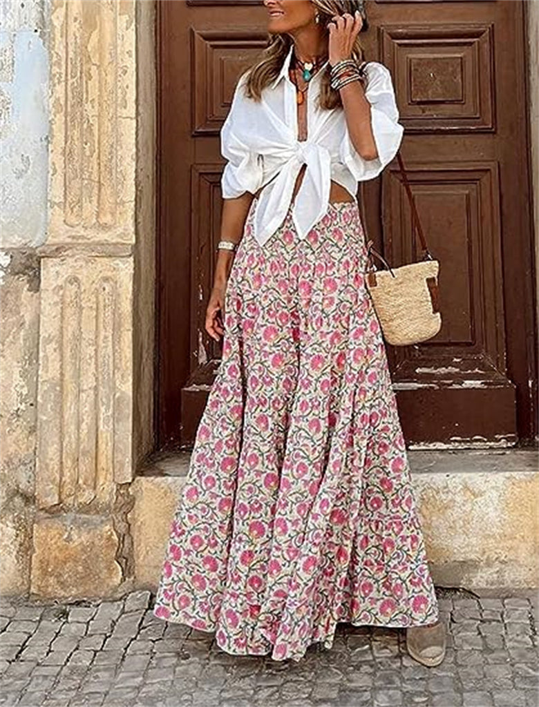 High Waist Ruffle Floral Printed Maxi Skirts