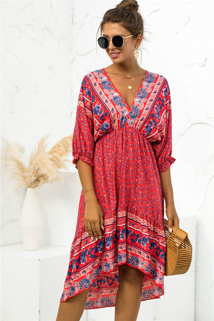 Boho Printed Bohemian V Neck Dress