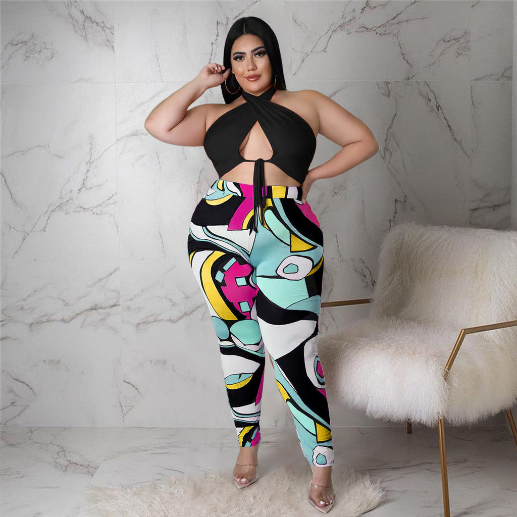 Plus Size Criss Cross Halter Top & Bodycon Pants