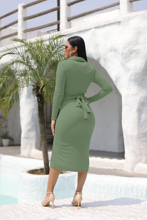 Ribbed Back Tie Button Split Midi Dress