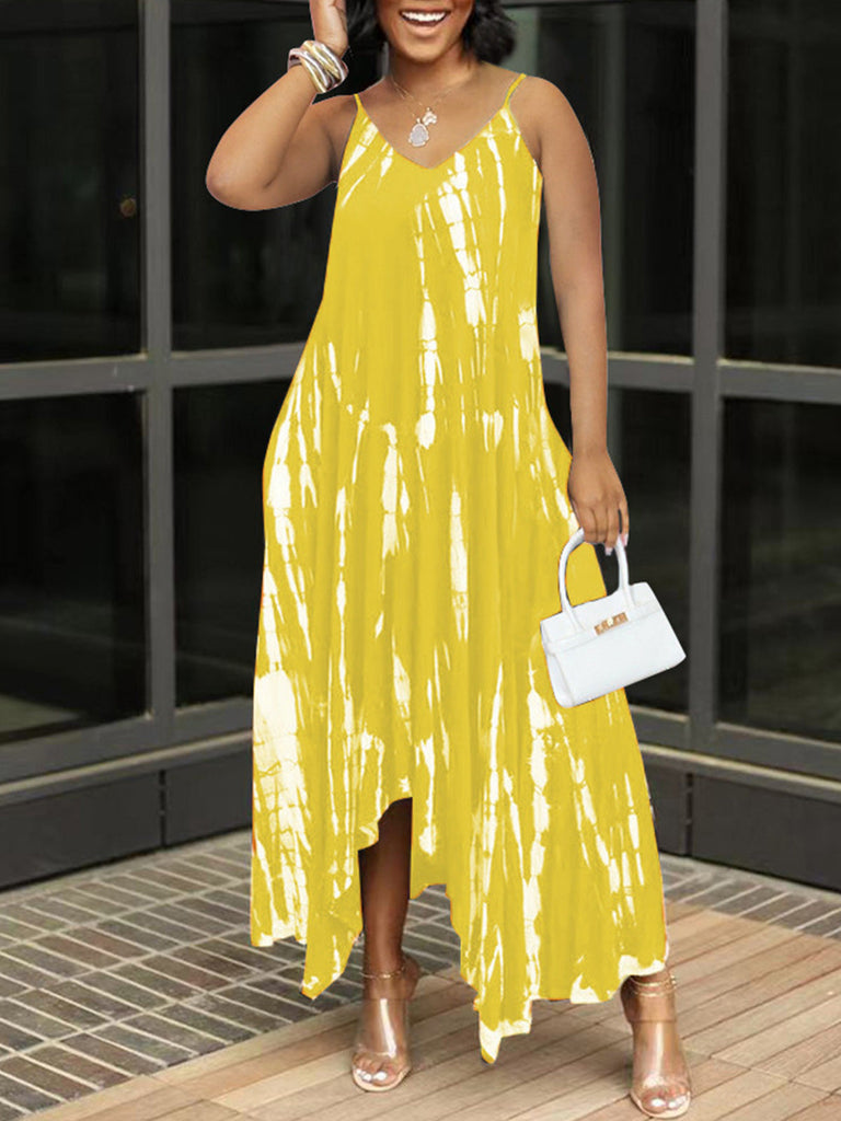 Tie Dye Asymmetrical Spaghetti Strap Maxi Dress