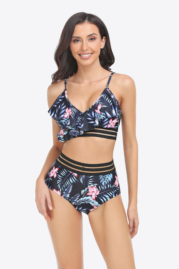 Ruffled Plunge High Waist Bikini Set