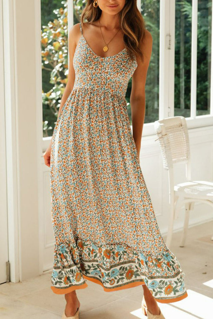 Boho Bohemian Spaghetti Strap Frill Trim Maxi Dress