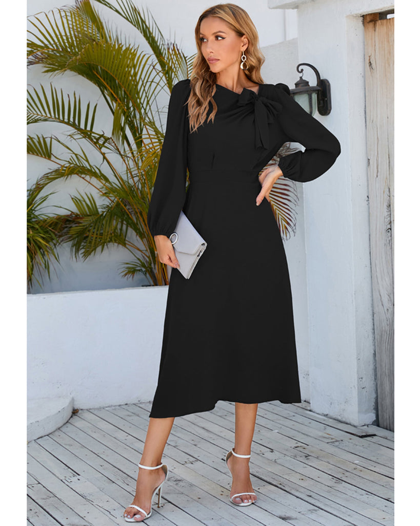 Crew Neck Puff Sleeve Tie Up Midi Dress