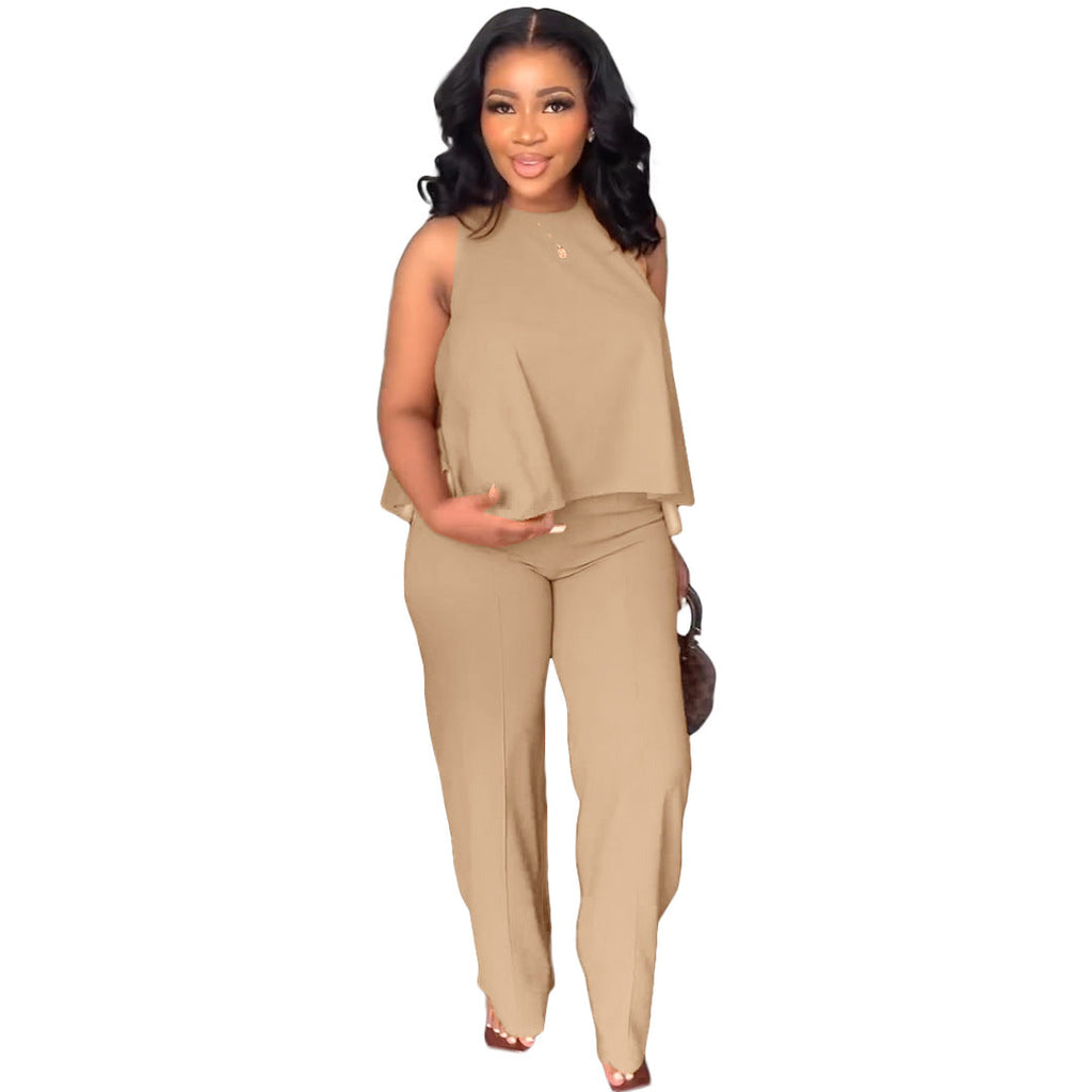 Two Piece Ruffle Top + Wide Leg Pants Set