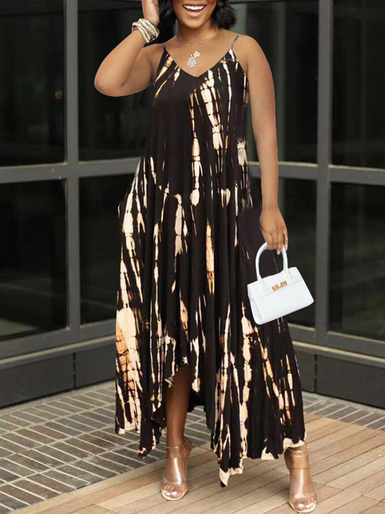 Tie Dye Asymmetrical Spaghetti Strap Maxi Dress