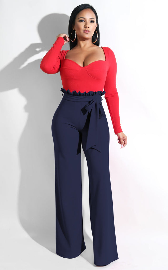 High Waist Ruffle Lace Up Wide Leg Pants