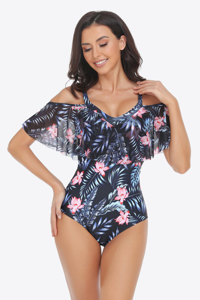 Sunset and Swim Botanical Print Cold-Shoulder Layered One-Piece Swimsuit