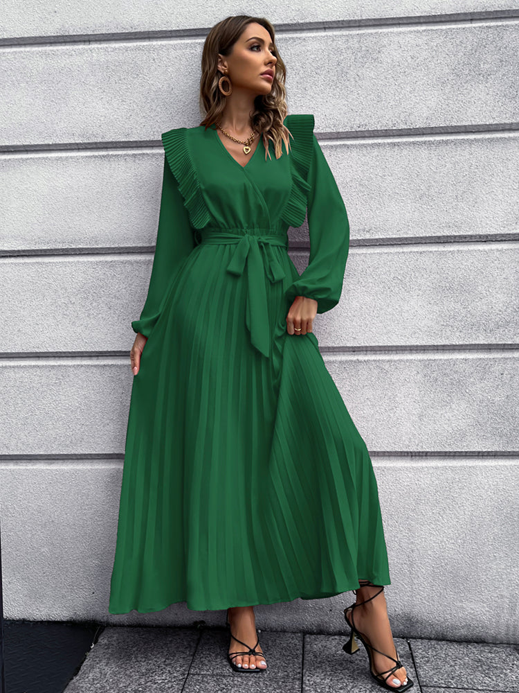 Long Sleeve Ruffle Pleated Maxi Dresses