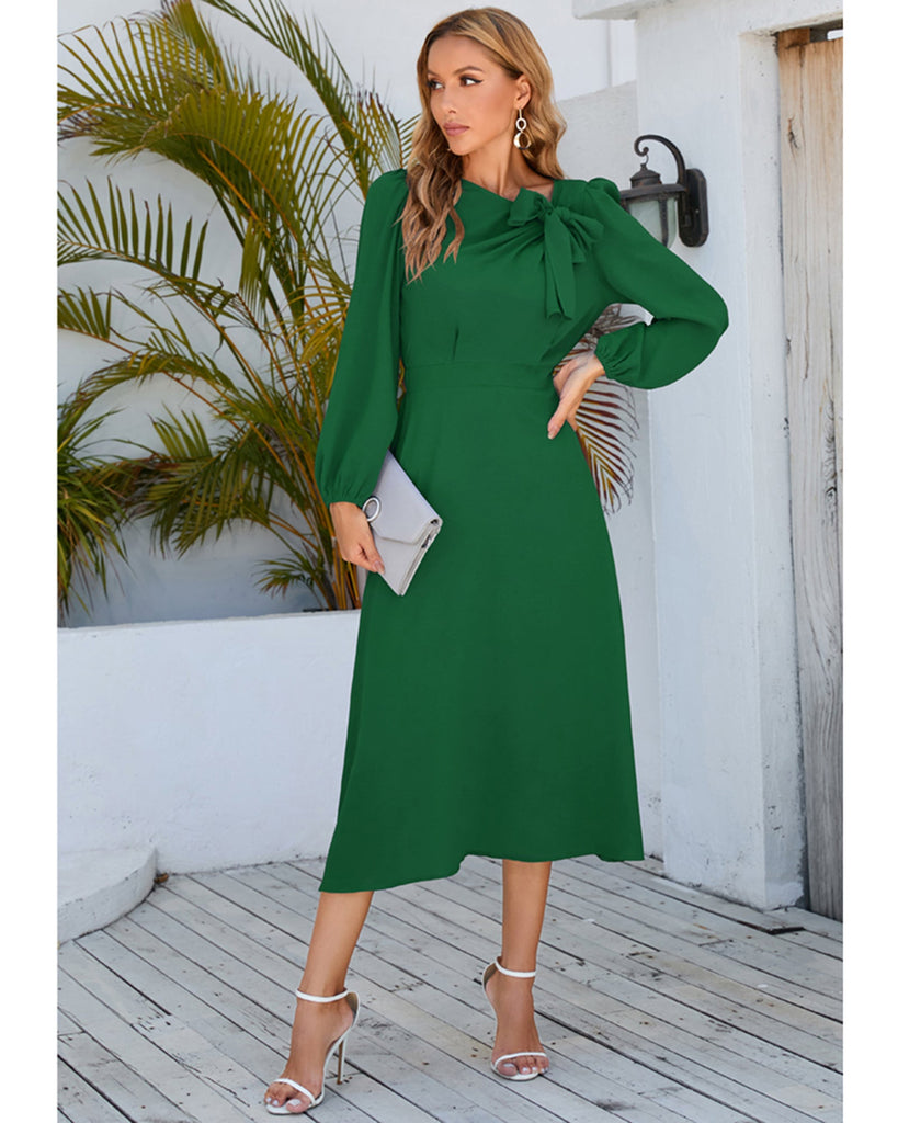 Crew Neck Puff Sleeve Tie Up Midi Dress