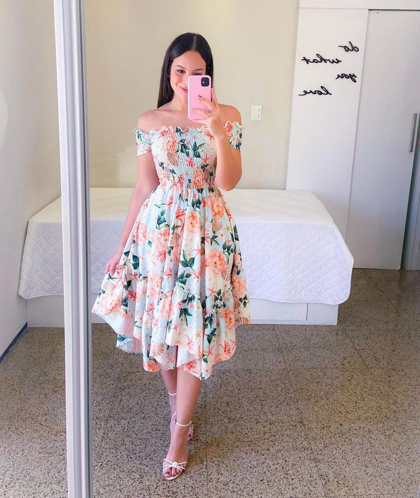 Off Shoulder Floral Ruffle Short Sleeve Midi Dress