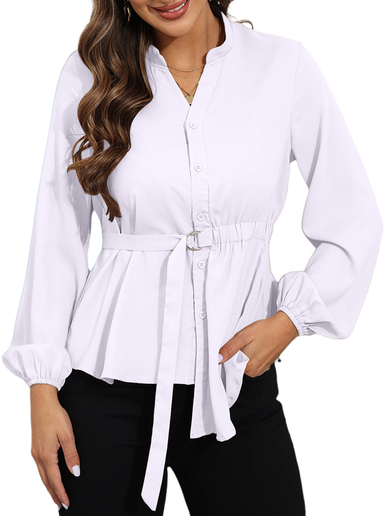 V Neck Long Sleeve Button Tops With Belt