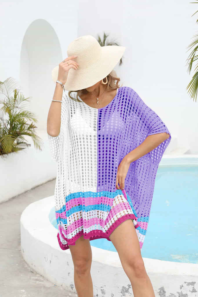 Sunset and Swim Contrast Scoop Neck Openwork Half Sleeve Swimsuit Coverup