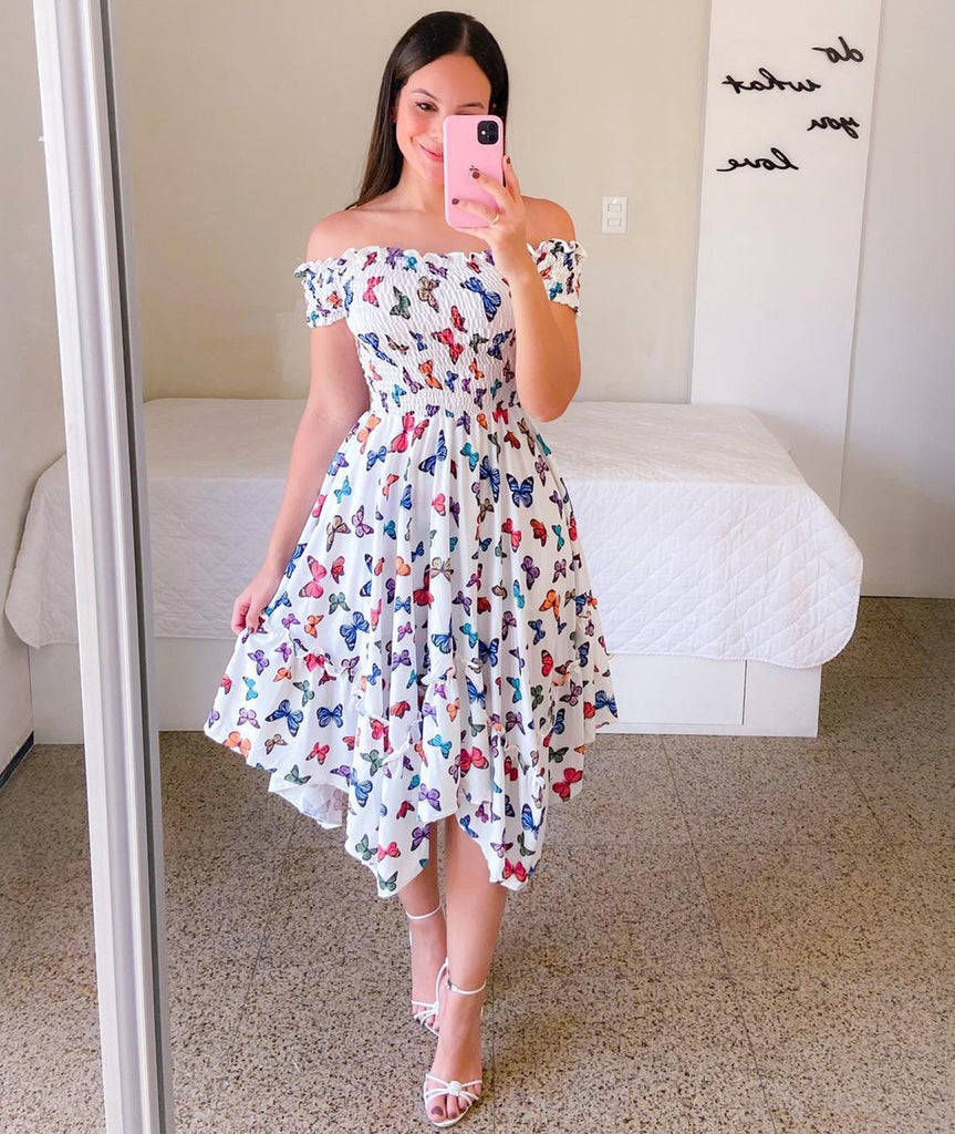 Off Shoulder Floral Ruffle Short Sleeve Midi Dress