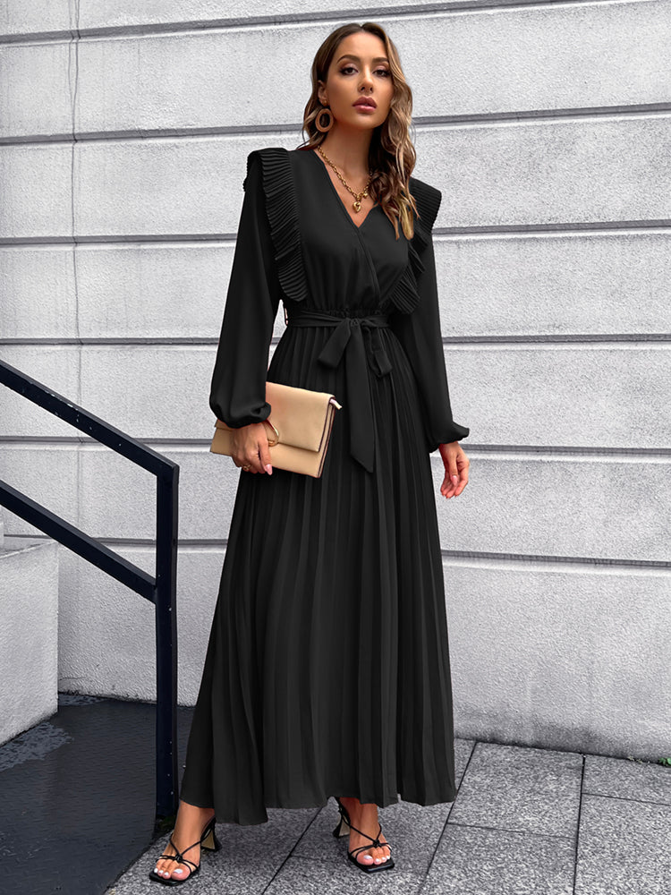 Long Sleeve Ruffle Pleated Maxi Dresses