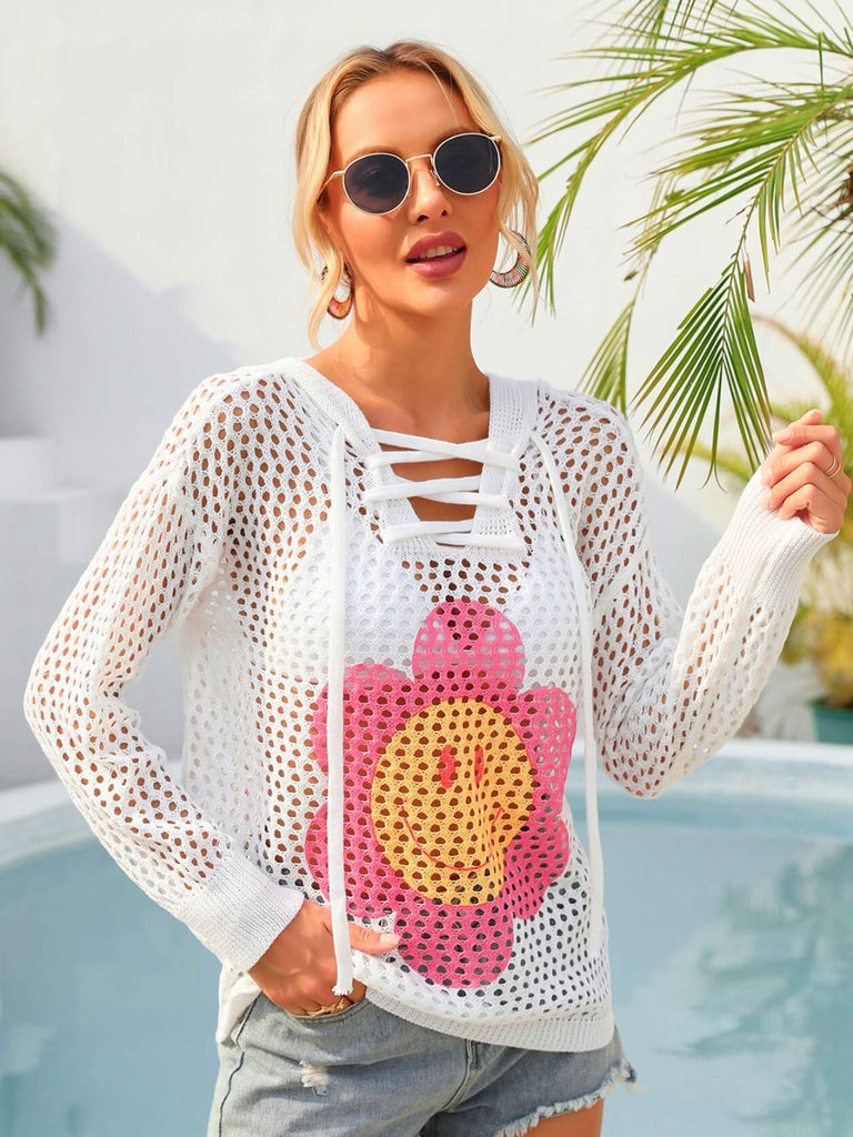 Sunset and Swim Flower Graphic Lace-Up Openwork Hooded Cover Up