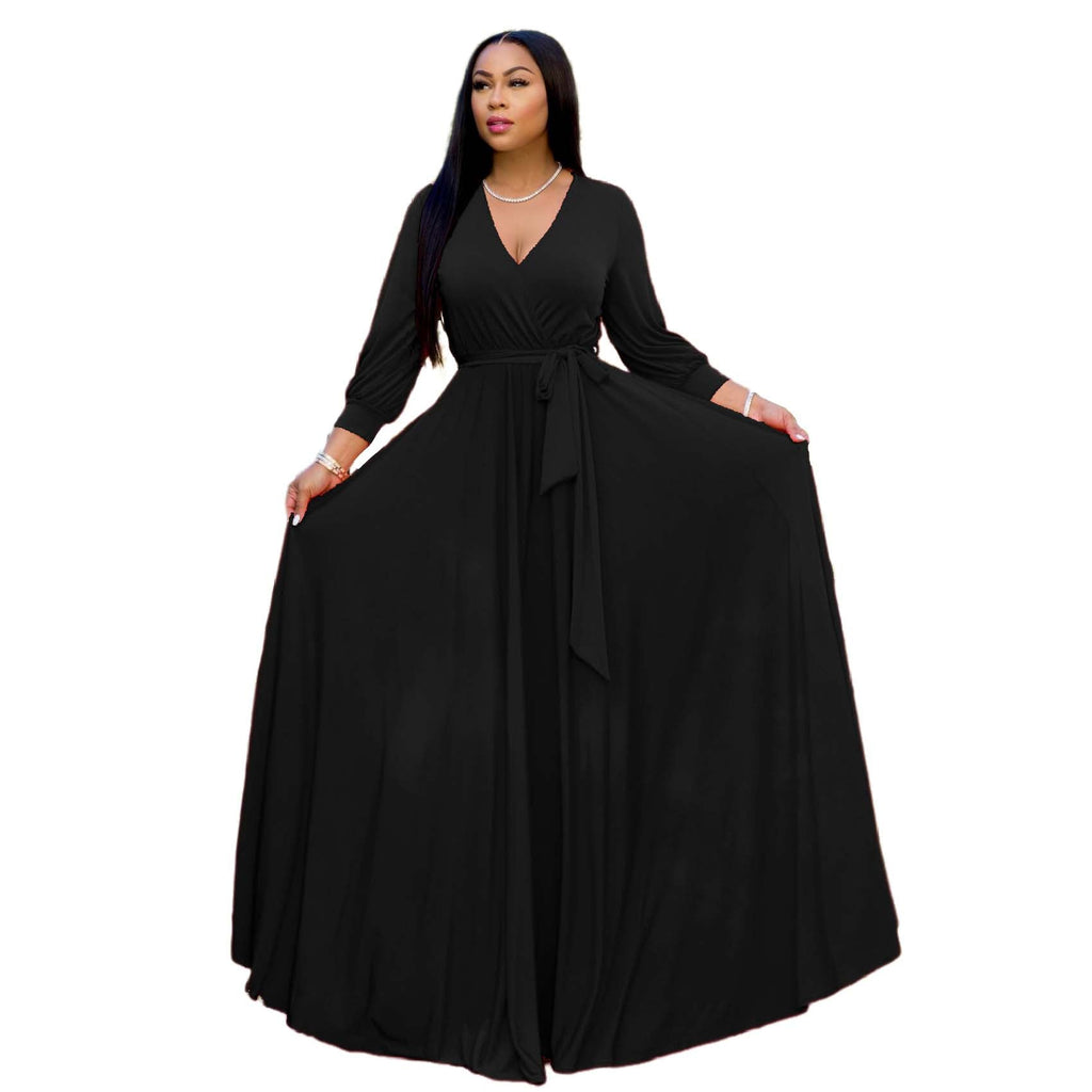 Satin V Neck Long Sleeve Flowy Maxi Dress