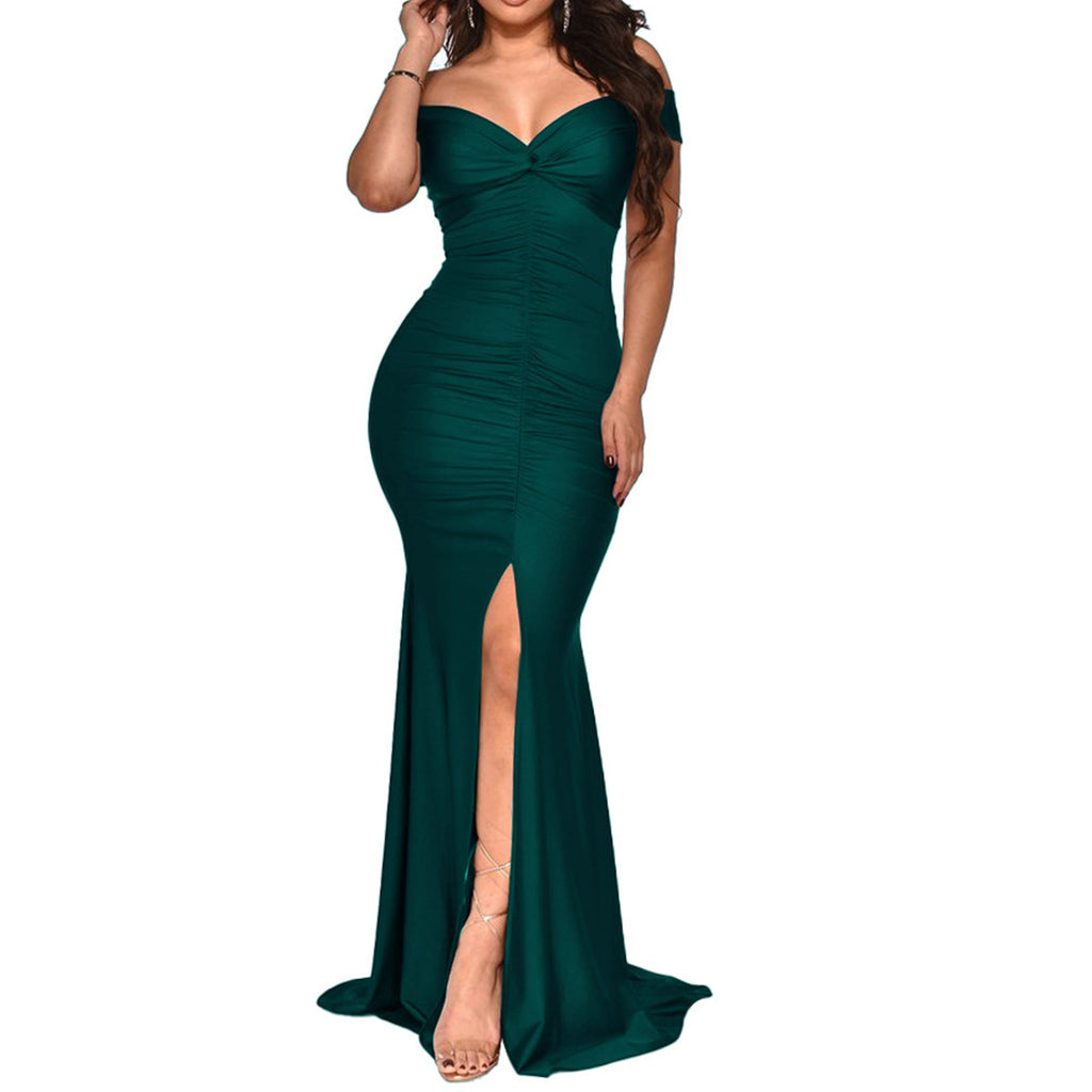 Off Shoulder Ruched Split Bodycon Maxi Dresses