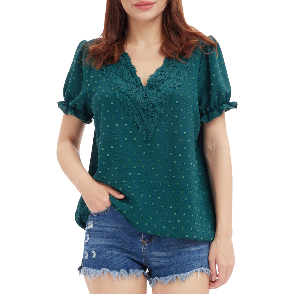 Chiffon V-Neck Lace Short Sleeve Tops