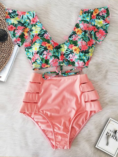 Floral Dreams Ruffled High Waist Bikini Set