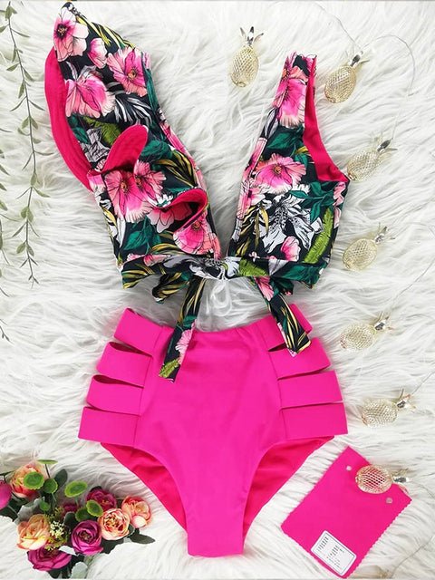 Floral Dreams Ruffled High Waist Bikini Set