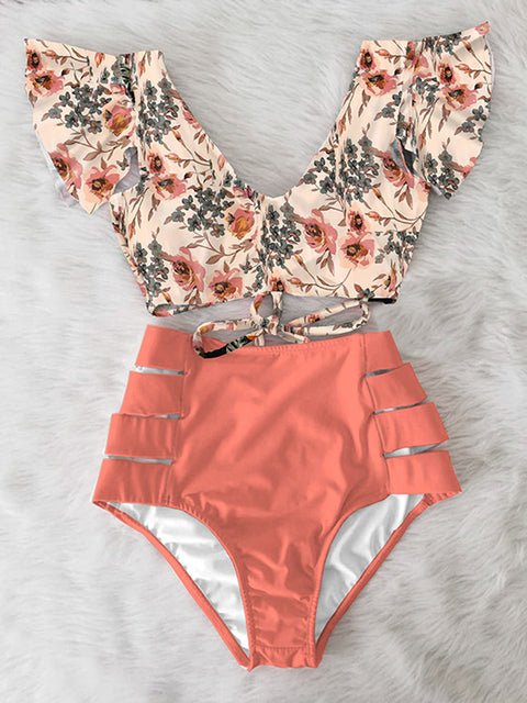 Floral Dreams Ruffled High Waist Bikini Set