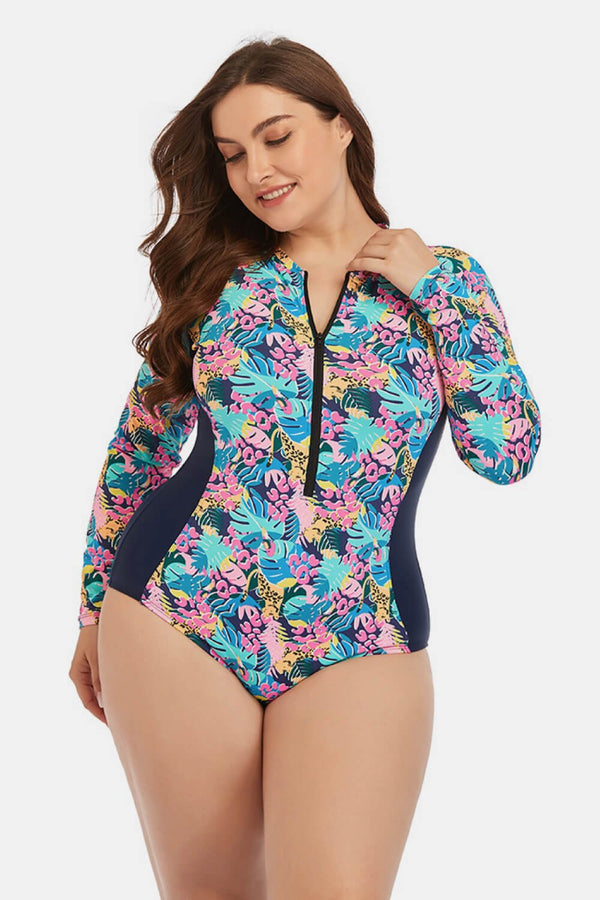 Hazel Plus Size Floral Zip Up One-Piece Swimsuit