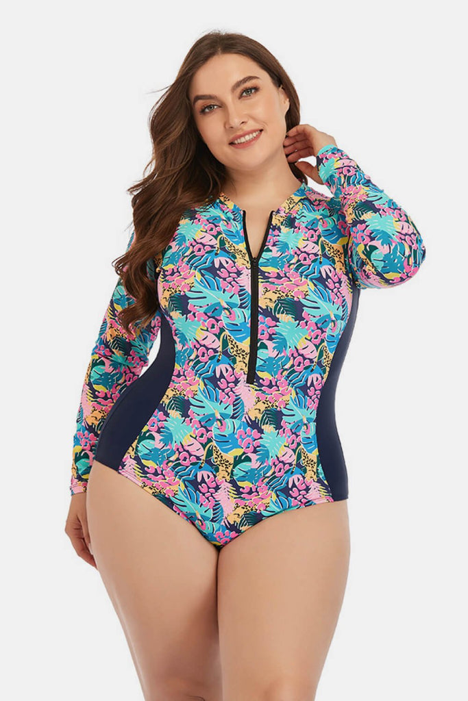 Hazel Plus Size Floral Zip Up One-Piece Swimsuit