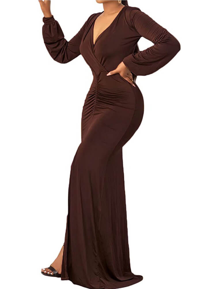 Deep V Neck Long Sleeve Ruched Maxi Dress