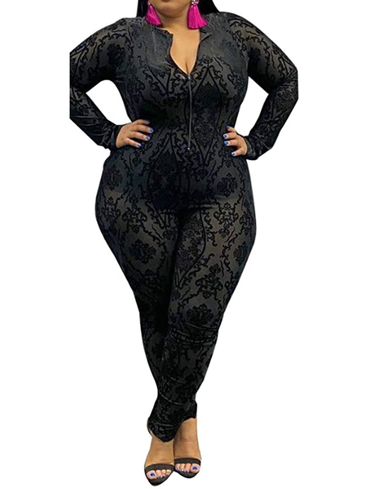 Plus Size Mesh V Neck Zip Up Clubwear Jumpsuits