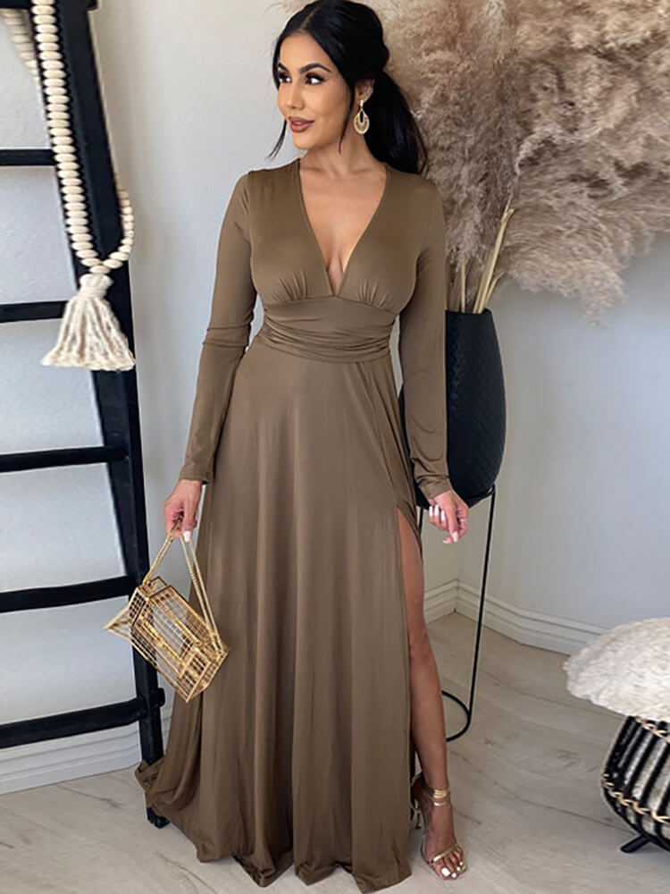 Long Sleeve Ruched Slit Maxi Dress