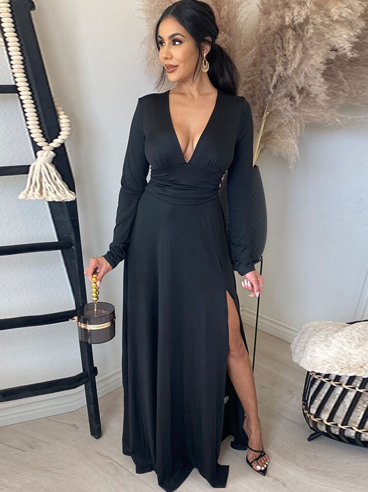 Long Sleeve Ruched Slit Maxi Dress