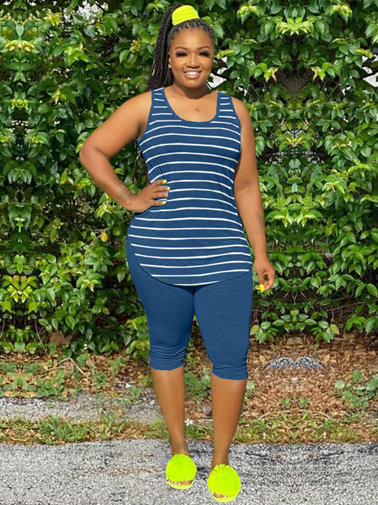 Two Piece Plus Size Sleeveless Tops+Shorts Sets