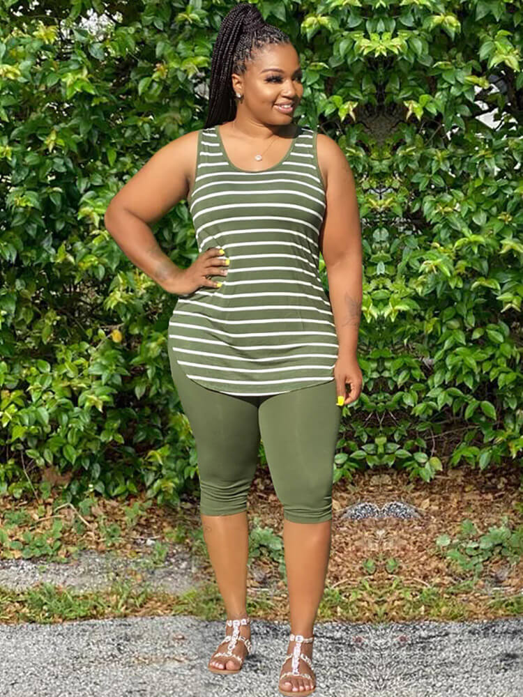 Two Piece Plus Size Sleeveless Tops+Shorts Sets