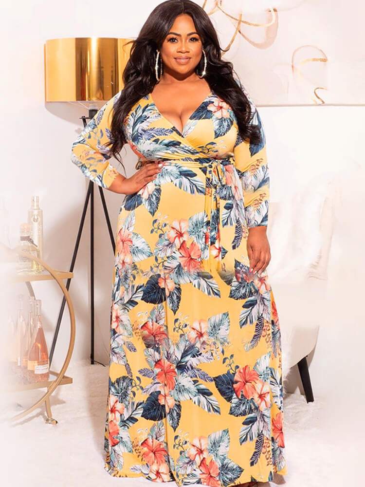 Plus Size Floral Print Long Sleeve Maxi Dress