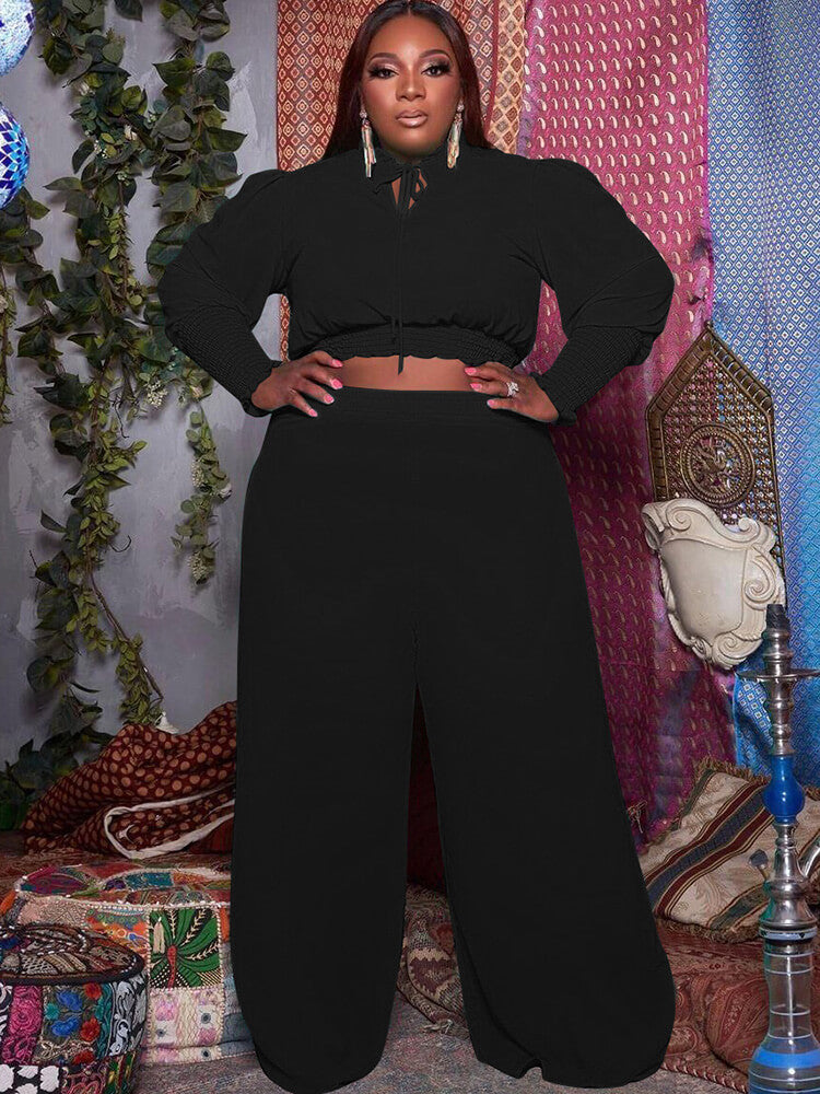 Plus Size Two Piece V Neck Crop Top & Ruffle Wide Leg Pants