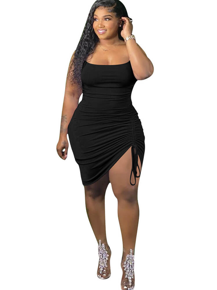 Plus Size Ruched Drawstring Spaghetti Strap Midi Dress