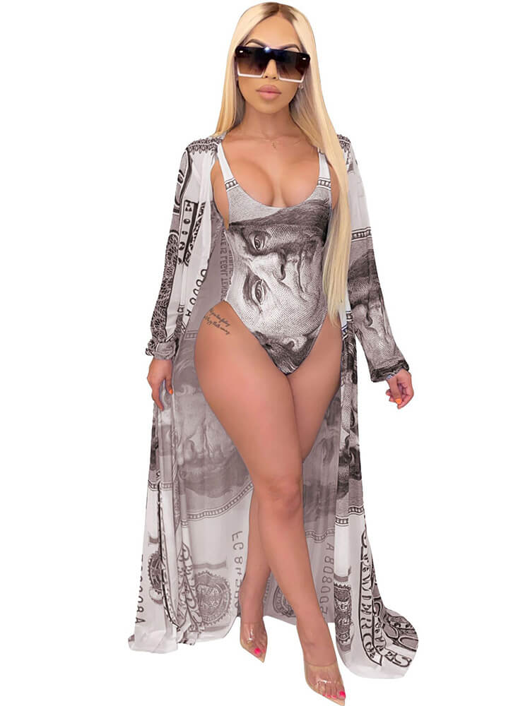 2 Piece Money Print Jumpsuit + Bikini Cover Up