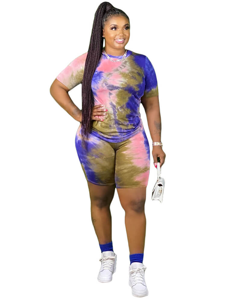 Plus Size 2 Piece Tie Dyed Tops+Bodycon Shorts Sets