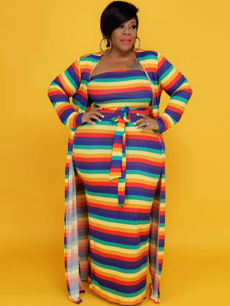 Plus Size Two Piece Rainbow Open Front Cardigan Dresses Sets