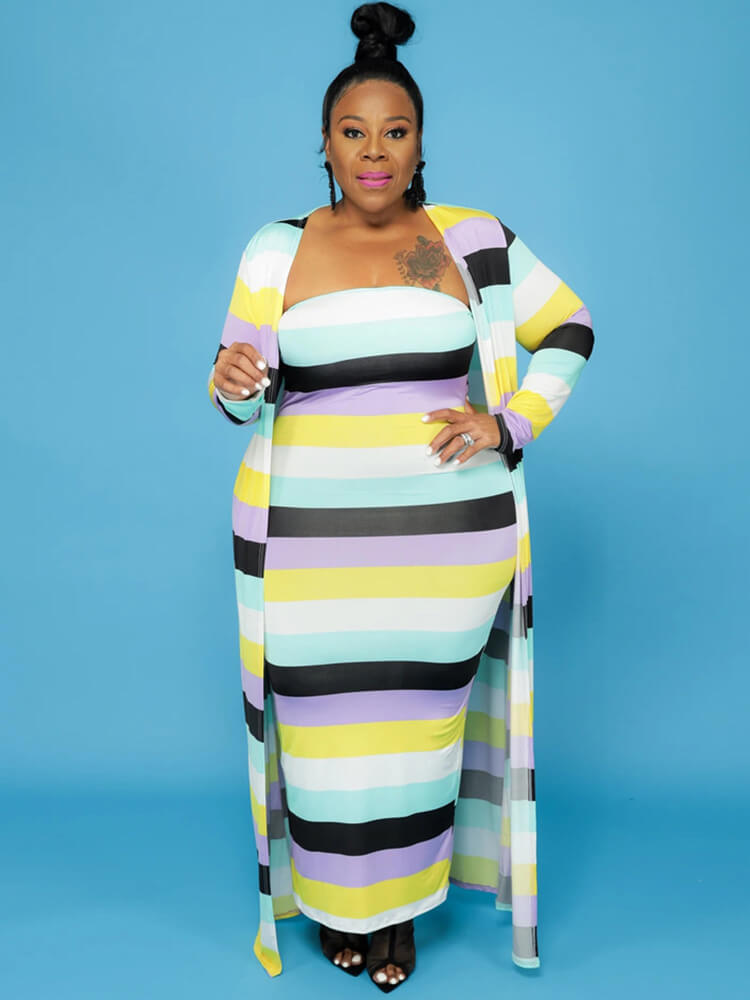 Plus Size Two Piece Rainbow Open Front Cardigan Dresses Sets